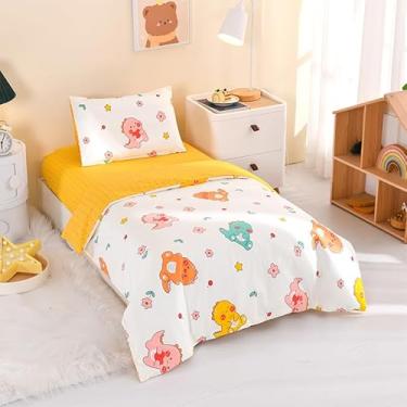 Imagem de ZZRSSSLC Conjunto de cama de berço com estampa de dinossauro, 100% algodão, estampa de animal fofo, decoração com lençol de elástico, capa de edredom e fronha