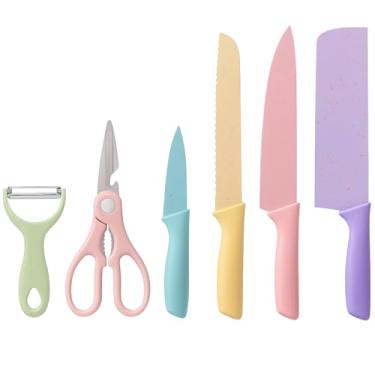 Imagem de Conjunto de Facas de Cozinha Profissional 6 Peças | Inclui Tesoura Multifuncional e Descascador | Design em cores pastéis | Ideal para Cortes Preciso de Carnes, Legumes, Pães e Frutas