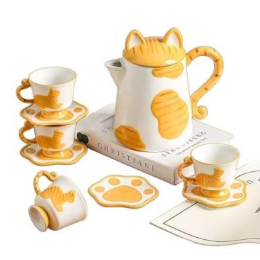 Imagem de Scizorito Conjunto de chá de porcelana (1 pote com 4 xícaras), conjunto de chá da tarde, adequado para aniversários, dia das mães, Natal (gato amarelo)