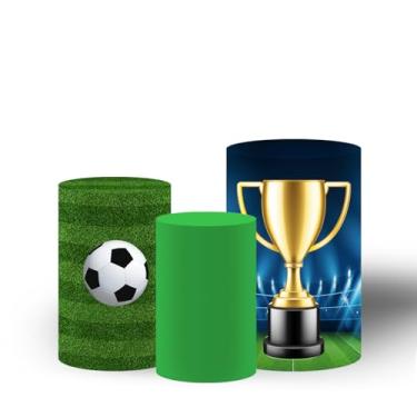 Imagem de FiVan Capa cilíndrica com tema de futebol para meninos, aniversário, chá de bebê, batismo, decoração de festa, toalha de mesa elástica (troféu + futebol + verde, conjunto pequeno com 3)