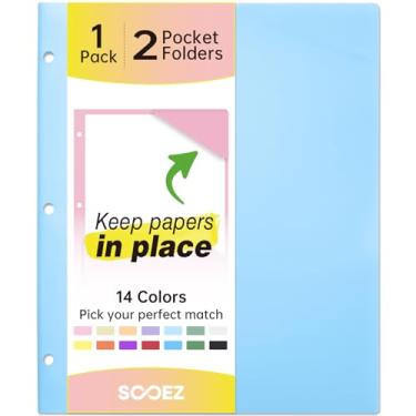 Imagem de Sooez Pastas de 2 bolsos, pastas de plástico com bolsos perfurados com 3 furos, 1 pacote de pastas para fichário de 3 anéis com etiquetas, pasta de fichário resistente para documentos, pasta de