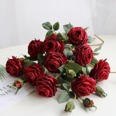Imagem de 1 maço de 2 peônias artificiais europeias, rosas de chá, camélias, flores artificiais de seda, faça você mesmo, decoração de casamento para casa e jardim (vermelho)