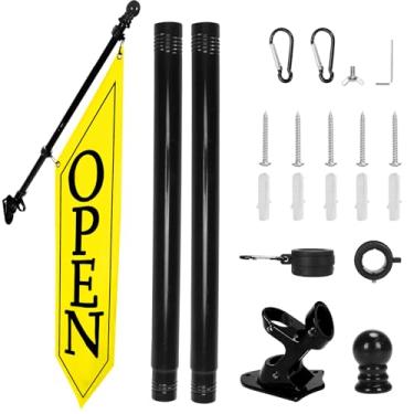 Imagem de Kit de bandeira aberta com mastro - Banner aberto de lona resistente para loja comercial, placa dupla face externa de 106 x 30 cm com suporte - Sinalização publicitária para varejo e lojas (amarelo)