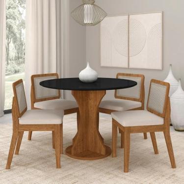 Imagem de Mesa Redonda Andria 4 Cadeiras Sextavadas Freijó/pto/bouclé Off - M.a Freijó/preto/bouclé Off White