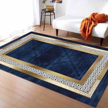 Imagem de USHIRUG Tapete premium para área interna, 1,8 x 2,4 m, design geométrico simples contemporâneo e borda dourada tapete azul marinho, tapete antiderrapante que não cai, tapete macio confortável e casual