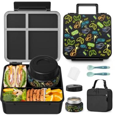 Imagem de Lancheira infantil Bento com garrafa térmica, à prova de vazamento, com pote de comida isolado de 255 g, lancheira e utensílios, recipiente de 3 ou 4 compartimentos para meninas e meninos