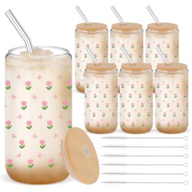 Imagem de Yetene 6 conjuntos de copos de vidro de 473 ml com tampas e canudos, copos de café gelado de cerveja com tampa e escova de limpeza para presentes (tulipa rosa)