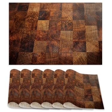 Imagem de Jogo americano de madeira xadrez marrom conjunto de 6, tapetes de mesa antiderrapantes resistentes ao calor laváveis tapetes de linho para festa, cozinha, sala de jantar, decoração interna e externa