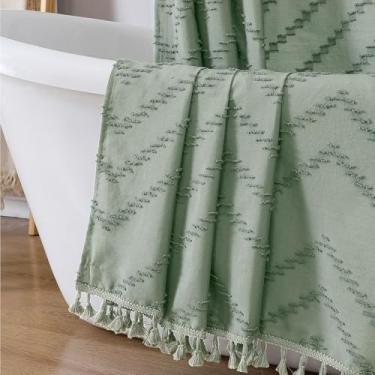Imagem de OWENIE Cortina de chuveiro extra longa verde sálvia boho, cortinas de chuveiro de tecido texturizado listrado chevron chique tufado com borla para banheiro, estilo hotel macio, casa de fazenda