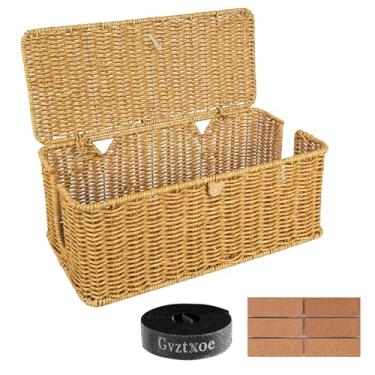 Imagem de Caixa organizadora de cabos grande para gerenciamento de cabos, cesta de couro de vime resistente com tampa e 4 compartimentos abertos, capa de régua de energia para armazenamento de mesa para TV