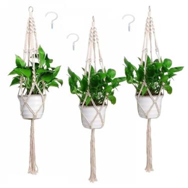 Imagem de AKEIE Cabides para plantas de macramê marrom, cesta decorativa de juta, suporte de vaso de flores decorativo, corda com borlas, sem contas, para decoração interna e externa, 4 pernas 101 cm com 4