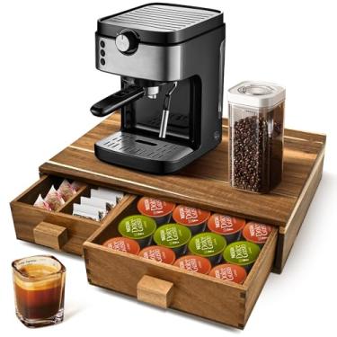 Imagem de NANXITU Porta-copos K de madeira de acácia, cápsulas de café e organizador de armazenamento de saquinhos de chá, com duas gavetas, porta-copos para balcão, suporte multifuncional para cafeteira