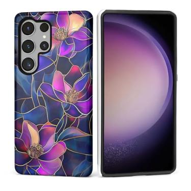 Imagem de Kapadiy Capa para Samsung Galaxy S24 Ultra [design de flor roxa de vitrais] - Proteção dupla híbrida (silicone + policarbonato rígido) à prova de choque, capa protetora para homens e mulheres