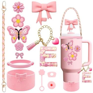 Imagem de XIANGYUAN Conjunto de acessórios de copo rosa de 14 peças para copo Stanley Cup de 850 g 1,134 g com alça, inclui alça, decoração de arco de palha, capa de palha, bota, tampas à prova de derramamento