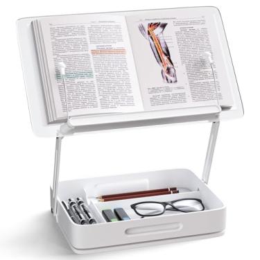 Imagem de Porta-livros para leitura, suporte de acrílico giratório de 360° com compartimento para caneta de armazenamento, suporte dobrável para laptop, suporte ajustável para leitura de livros com clipes de