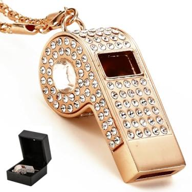 Imagem de Apito dourado de strass, apito de metal brilhante com corrente de presente para árbitros/treinadores/professores/treinamento, caixa de presente premium incluída (cristal transparente)