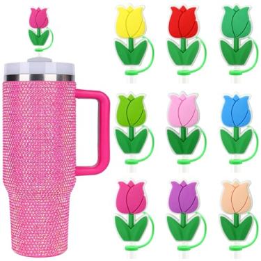 Imagem de 9 peças de tampa de palha de tulipa para copo Stanley 850.5 g 1,134.0 g copos de 10 mm pontas de palha fofas toppers canudos reutilizáveis decoração Stanley Cup acessórios