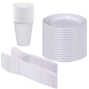 Imagem de Kit Descartável para Churrasco, Festa Infantil e Aniversário - Conjunto de Prato, Garfo, Faca e Copo Branco (Kit 20)