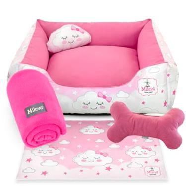 Imagem de Cama Pet Oxford + manta + Brinquedo Ossinho + Tapetinho Estampado 05 Peças - Mania - Premium 1 (60x60 cm, Nuvem Rosa)