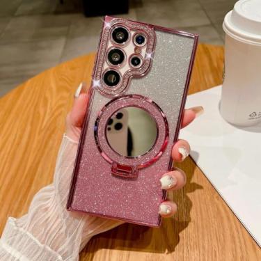 Imagem de HJZSZX para Samsung S25Plus Luxury Clear Glitter Case Espelho Magnético Suporte de Telefone Capa (para Samsung S25Plus/Rosa)