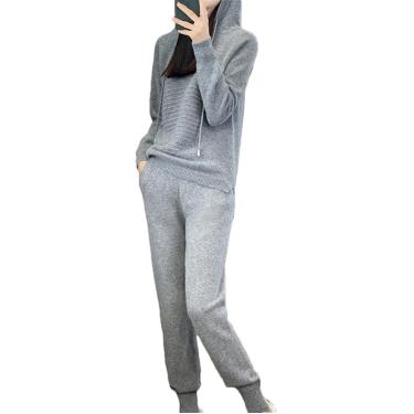 Imagem de Terno Outono Inverno Feminino 100% Lã Merino Com Capuz Pulôver Casual Sweatpants Malha Conjunto De 2 Peças, Gray, M