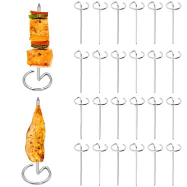 Imagem de Espetos de aço inoxidável, 24 peças de espeto de metal para churrasco, espetos verticais redondos reutilizáveis pequenos acessórios de churrasco curtos para grelhar assar acampamento