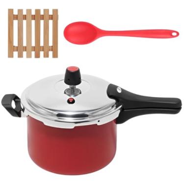 Imagem de Panela de Pressão 4,5 Litros Antiaderente Fechamento Externo + Descanso Quadrado + Colher de Silicone Vermelha