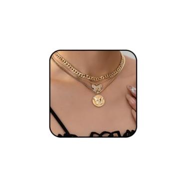 Imagem de sunglnl Colares femininos em camadas douradas, colar grosso de dois tons, pingente de moeda de prata, clipe de papel, corrente empilhada, joia moderna, presente, Large, Aço inoxidável, Sem Pedra