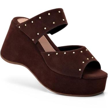 Imagem de Sandália Anabela Feminina Lumiss Camurção Rebite Tachas Dourada Plataforma Confortável marrom34