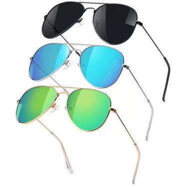 Imagem de SEKKAF Óculos de sol aviador polarizados para meninos e meninas óculos de sol com armação metálica leve e lentes de proteção UV400, Pacote com 3 - preto + azul + verde, 52 Millimeters