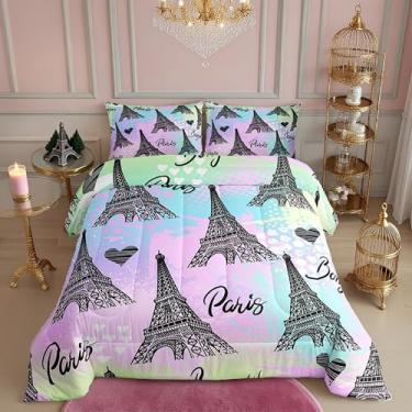 Imagem de Conjunto de edredom solteiro Torre Eiffel, arco-íris, tie dye, decoração de quarto de crianças, adolescentes e adultos, decoração de quarto de crianças, adolescentes e adultos, 1 fronha