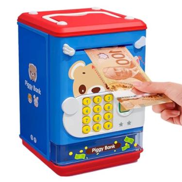 Imagem de Cofrinho Cofre Senha Digital Inteligente Puxa Nota Automático Infantil com Som Adesivos Divertidos Para Crianças Interativo com Entrada para Moedas e Notas - Azul
