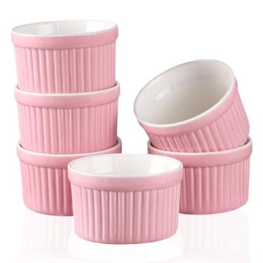 Imagem de YAZYLIFE Ramekins 118 g, ramequins creme brulee e pratos de suflê, tigelas seguras para forno de porcelana, copos de pudim, tigela de mergulho, conjunto de 6, rosa.