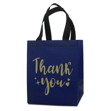 Imagem de REUGBEXPT 6 sacos de presente azul marinho Thank You - resistentes, reutilizáveis, médios 20 x 12 x 25 cm com alças, não tecido para casamentos, professores, dia dos pais, festas, aniversários e