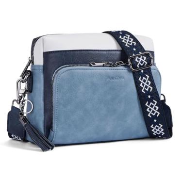 Imagem de POIUGOYA Bolsa tiracolo feminina moderna, bolsa tiracolo média de couro vegano, bolsa de viagem transversal feminina, carteira embutida, Azul-marinho/azul-celeste/branco
