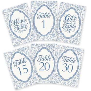 Imagem de GOMAKERER 32 peças de cartões de números de mesa de casamento, 1 a 30 flores azuis, borda retrô, placa dupla face, números de mesa de casamento, placa de mesa de cabeça para festa de aniversário