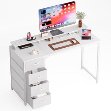 Imagem de MINOSYS Mesa de computador de 119 cm com 4 gavetas, luz LED e estação de carregamento, mesa de escritório em casa com prateleira de armazenamento, branca