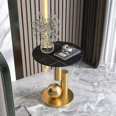 Imagem de Mesa Lateral Redonda De Luxo, Bola De Aço Inoxidável E Base De Chapa De Aço Grossa Mesa De Canto De Sofá De Ardósia Com Te, Gold Frame + White Gold, 50x50x55cm(20x20x22inch)
