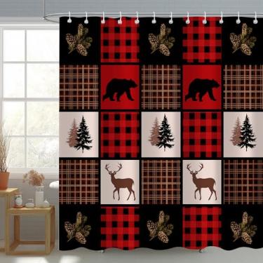 Imagem de Cortina rústica para box de cabana, cortina de banho de floresta xadrez vermelha e preta com urso preto, alce, caça, animal, casa de fazenda, conjunto de decoração de banheiro com ganchos 152 x 182 cm
