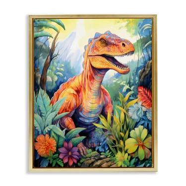 Imagem de Stupell Industries Arte de parede em tela flutuante dourada com moldura de dinossauro com folhas verdes, design da Creative Studio, 78 x 63 cm
