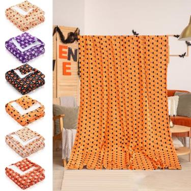 Imagem de Fanfanwin Pacote com 6 cobertores de Halloween a granel cobertor de flanela de Halloween fantasma de abóbora gato preto leve manta macia e fofa colcha de pelúcia para sala de estar sofá dormitório