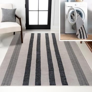 Imagem de JONATHAN Y WSH122B-3 Tapete de área interno lavável à máquina listrado geométrico Vichy, casa de fazenda rústico fácil limpeza, quarto, cozinha, sala de estar, sem queda, creme/preto, 3 x 5