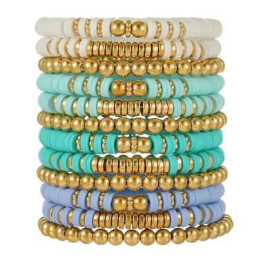 Imagem de HYHONEY Pulseiras de amizade com contas Heishi pulseiras fofas pulseiras de vinil argila disco contas surfista elástico verão praia pulseiras para mulheres, One Size, Pedra, argila