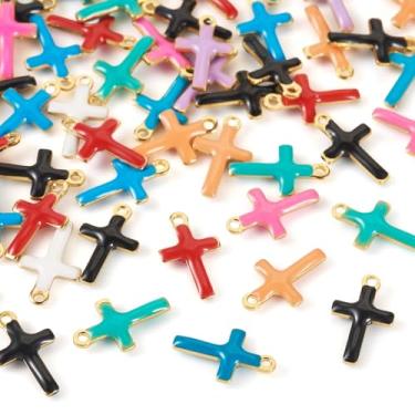 Imagem de Craftdady 50 peças de pingentes de pulseira de cruz pequena de aço inoxidável esmaltado colar de cruz pingente de metal pingentes de brinco mini chaveiro enfeite de pendurar 10 x 6 mm para artesanato