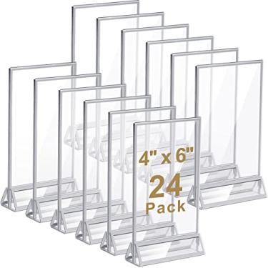 Imagem de Suporte de placa de acrílico transparente de 24 peças 4 x 6 com bordas de lâmina e suporte vertical, porta-menu de mesa de dois lados, porta-retratos para números de mesa de casamento, placas de restaurante, fotos e exibição de arte