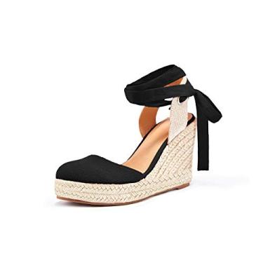 Imagem de Sandálias femininas tipo alpargata, bico fechado, com cadarço, plataforma no tornozelo, sapatos casuais de verão, Preto, B, 7.5-8