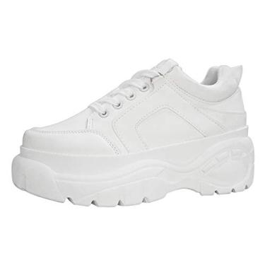 Imagem de Lucky Step tênis feminino plataforma grosso pai moderno holográfico iridescente metálico tênis sapatos, Branco, 8.5