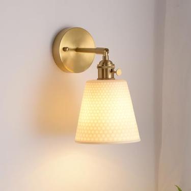 Imagem de Luminária de parede moderna de cerâmica, luminária de parede nórdica de latão com interruptor rotativo, luminária de parede cilíndrica ajustável e giratória de cerâmica branca para quarto, c