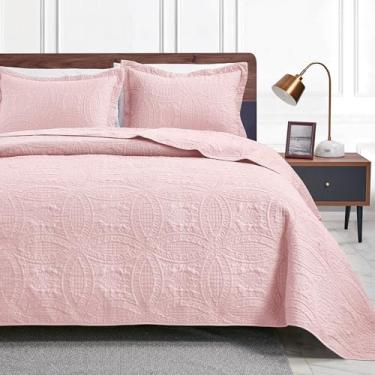 Imagem de Love's cabin Conjunto de colcha rosa para cama de casal, colcha leve, edredom com estampa de moeda para todas as estações, 3 peças (1 colcha, 2 fronhas)