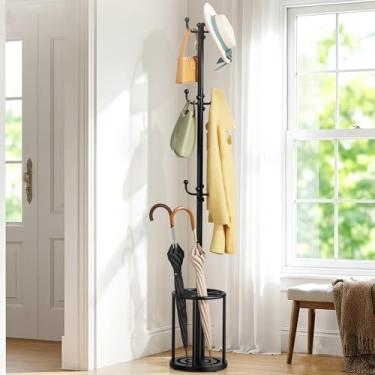 Imagem de Cabideiro autônomo, cabideiro preto com suporte de guarda-chuva, suporte de guarda-chuva para entrada, suporte de cabide com 12 ganchos, árvore de casaco de escritório para chapéu, guarda-chuva